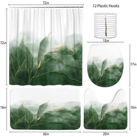 LOKMU 4 Pcs Shower Curtain Sets with Non-Slip Rugs, Toilet Lid Cover and Bath Mat,Green Paint and Golden Shiny Veins Spilled Waterproof Shower Curtain with 12 Hooks, Bathroom Decor Sets, 72"x 72"