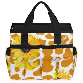 Yellow Cow Print Garden Tool Bag Heavy Duty Waterproof Oxford Gardening Tool Tote Bag 13 Inch Sunflower Cow Garden Tool Storage Bag with Handle & 10 Pockets for Women Men Gardening Gifts