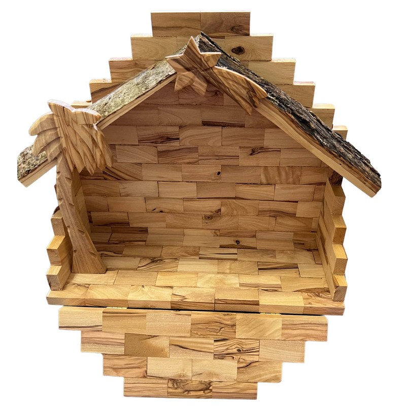 Large Olive Wood Nativity Set Manger Stable 11" Wide Made