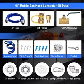 1675KIT48 Safety System Kit, 48" Mobile Gas Hose Connector Kit with 2 Elbows and 3/4 Quick Disconnect 3/4 Gas Flex Line, Gas Line Hose for Kitchen Equipment Full Port Gas Valve,Restraining Device.