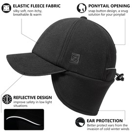 GADIEMKENSD Women's Fleece Ponytail Hat Reflective Winter Hat with Earflaps Fleece Cap with Drop Down Ear Warmers Adjustable Baseball Cap Beanie for Skiing Snowboarding Hiking Running Black