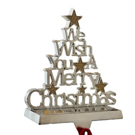 Christmas Stocking Hanger 16cm Merry Christmas Chrome Silver Gold Stars Xmas Decor