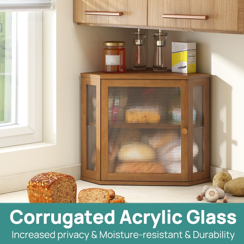 viewcare Corner Bread Box for Kitchen Counter, Bamboo Wood Large