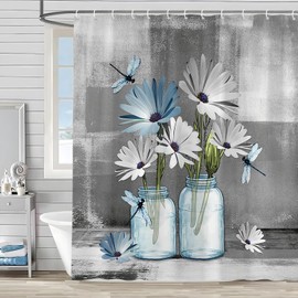 Rustic Daisy Blue Floral Shower Curtain Flower Dragonfly Country Farmhouse Vintage Abstract Art Wildflowers Gray Spring Fashion Bathroom Decor Set Polyester Fabric with Hooks 70Wx70H Inch