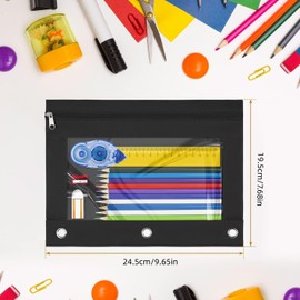 3 Ring Black Fabric Canvas Pencil Case, 3Pcs 3 Ring Binder Pencil Pouches Black Binder Pencil Pouch Canvas Pencil Case Mesh Window Pencil Cases,3 Ring Binder Pouch Zipper Pencil Case Canvas Pencil Bag