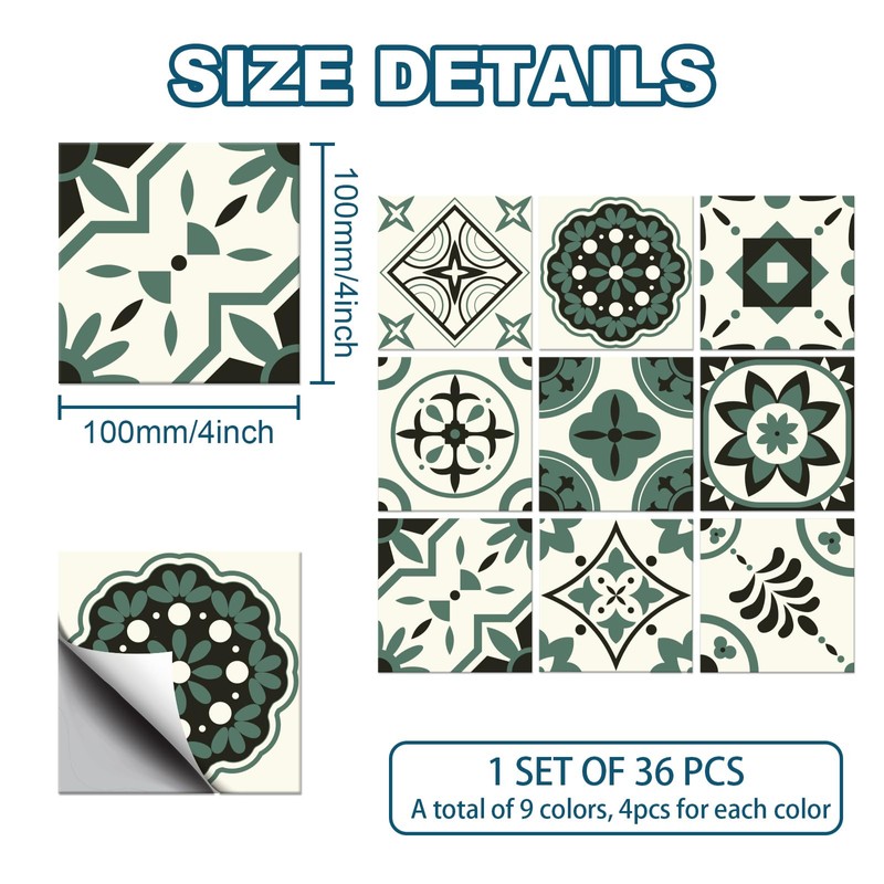CHGCRAFT 36pcs 9 Styles Moss Green Pattern Tile Stickers Waterproof