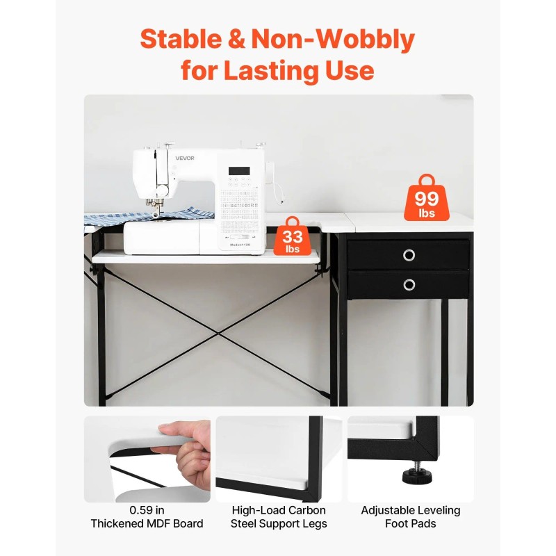 Adjustable Steel Leg Sewing Machine Table Foldable Side Shelf Multipurpose