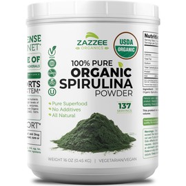Zazzee Organic Spirulina Powder, 16 Ounces (1 LB), USDA Certified, 137 Servings, 100% Pure, Kosher, Non-Irradiated, Mess-Free Wide Mouth Container, Fresh Smell and Neutral Taste, Non-GMO, Gluten-Free