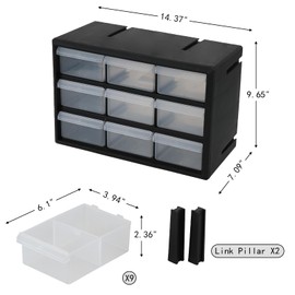 Yesdate 9-Drawer Plastic Drawer Storage Cabinet for Garage Organization, Stackable Bead and Craft Storage, Small Parts Organizer, Black