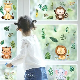 PLIGREAT 6 Sheets Green Leaves Window Stickers, Cute Animals Static Window Stickers, Removable Window Stickers for Living Room, Window Decoration, Sliding Glass Doors, Window Decorations
