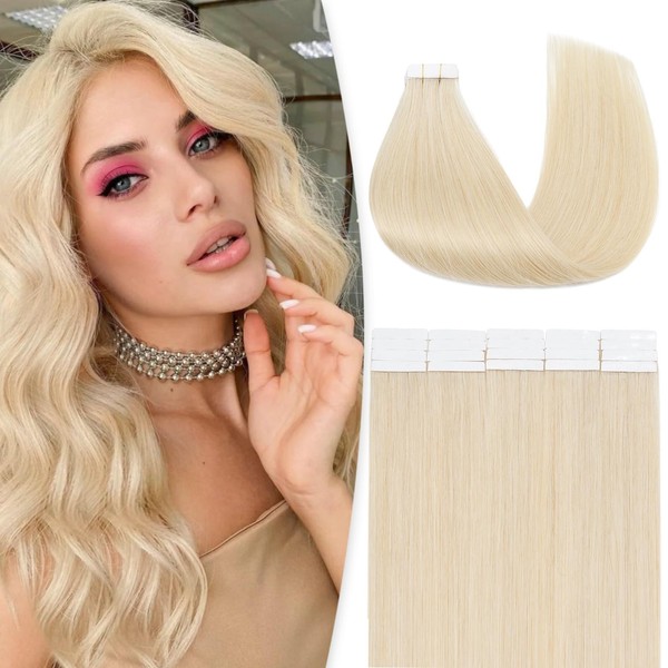 Benehair Tape Extensions Real Hair, 20 Pieces Hair Extensions Tape, Invisible Tape Extensions, Tape in Hair Extensions, Silky Soft Hair, 16 Inches 30 g, Platinum Blonde #60