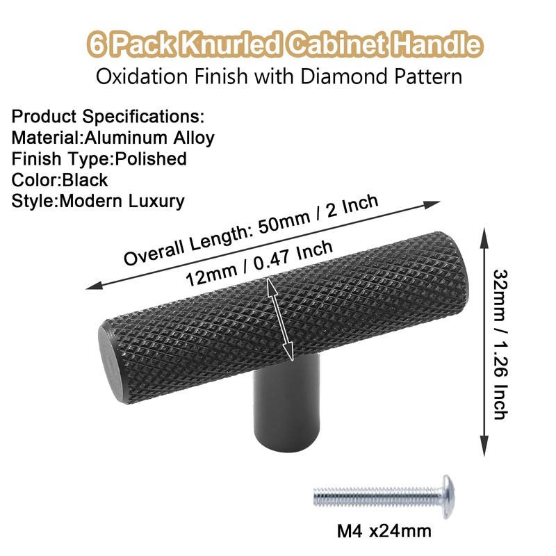 Cjueiom 6 Pack Matt Black Cupboard Knobs 50mm Length T