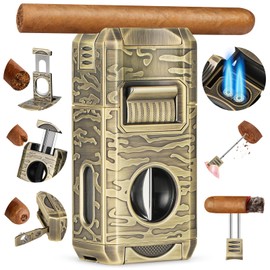 DXXULL Cigar Lighter, 7-in-1 Cigar Lighter Set: Dual-Flame Windproof, Visual Gas Window Adjustment, Built-in Dual Punch, V-Cut, Flat Cut, Cigar Holder and Smoking Set, Gift for Men (No Butane)
