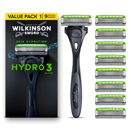 Wilkinson Sword Hydro 3 Razors for Men, Value Pack, Dual Lubrication, Carbon Coated Blades, Men's Shaver Razor Handle Plus 9 Blade Refills