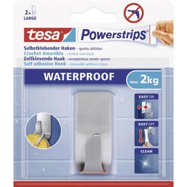 tesa UK Powerstrips Waterproof Hook with Removable Adhesive Strips, Rectangular - Stainless Steel