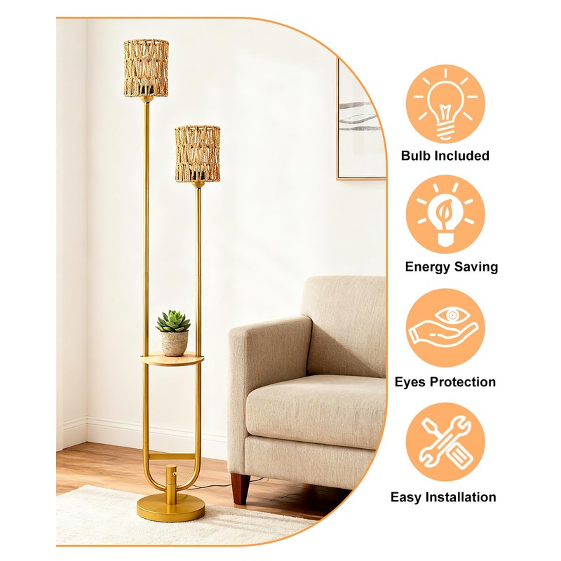 Lightdot 63IN Gold Floor Lamp with 2 Rattan Shades Mid