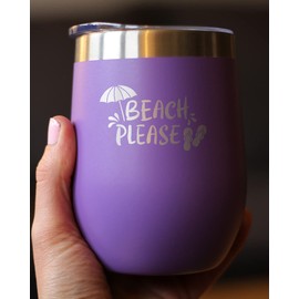 Beach Please - Travel Wine Tumbler with Sliding Lid - Stemless Stainless Steel Insulated Cup - Cute Funny Outdoor Camping Gift - Purple