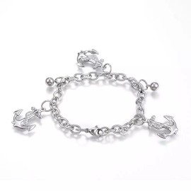 LZD 304 Stainless Steel Charm Bracelet Anchor Silver 7.5" Inch 6mm Z75