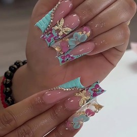 24Pcs French Tip Press on Nails Long Square Fake Nails with 3D Gold Butterfly Rhinestones Design Luxury Glue on Nails Star Jewel False Nails Spring Flower Acrylic Nails Pink Artificial Nails for Women