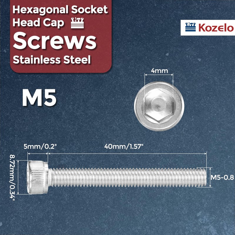 Kozelo 25pcs Socket Head Cap Screws - [M5-0.8 x 40mm]
