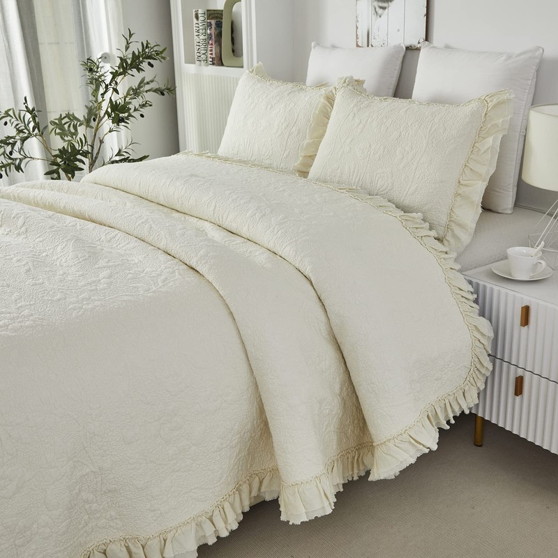 Brandream King Size Quilt Set Cotton Shabby Chic Bedding Cream