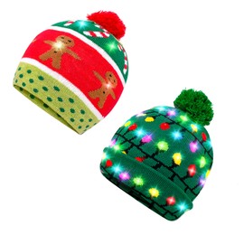 HOLYOWL 2 Pcs Light Up Christmas Hat Knitted LED Sweater Christmas Beanie Winter Xmas Cap for Adults Kids Party Supplies