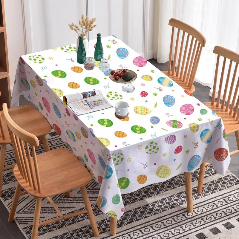 Easter Table Cloth, 137x274cm Rectangular Plastic Waterproof white Easter Eggs