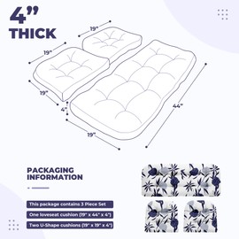 DANGHOOGY Wicker Chair Cushions, Waterproof Outdoor Loveseat Cushions for Patio Furniture, Tufted Wicker Furniture Cushions, 1 Loveseat and 2 U-Shaped Cushions (Blue Enchantress)