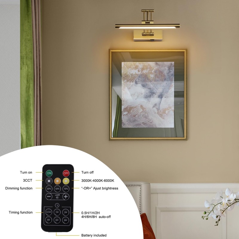 yumcrelect Battery Operated Picture Light with Remote,Wireless Gallery Lights Brass