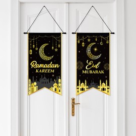 COCHIE 2PCS Eid Mubarak Decorations Ramadan Kareem Hanging Door Sign Ramadan Mubarak Banner Party Decorations Welcome Wall Banner for Party Supplies