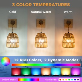 Glitnous Rattan Wall Sconces Battery Operated, Boho Wall Sconce, Battery Operated Wall Sconce Set of Two, Rechargeable Woven Lantern Wireless Wall Light/Lamp for Bedroom Home Decor