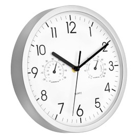 Foxtop Wall Clock with Thermometer Hygrometer, Indoor Semi-outdoor Modern Silent Non-Ticking Outside Temperature Clock for Garden Kitchen Bathroom Bedroom Living Room Office (Silver, 10 inch)