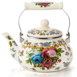 Fasmov 2.5L Enamel Teapot, Large Porcelain Enameled Teakettle, Floral Colorful Tea Kettle with Handle for Stovetop, Retro Steel Teapot for Hot Water, No Whistling