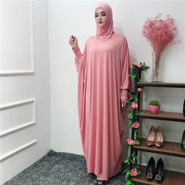 Women's Solid Muslim One-Piece Prayer Dress Muslim Abaya Dress Islamic Maxi Abaya Kaftan with Hijab Full Length Dress Pink