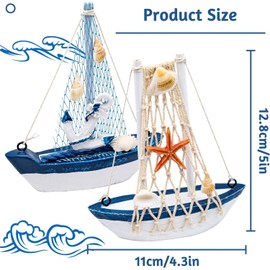 2 PCS Mini Sailboat Decor, Wooden Miniature Sailing Boat Model, Nautical Theme Decoration for Bathroom