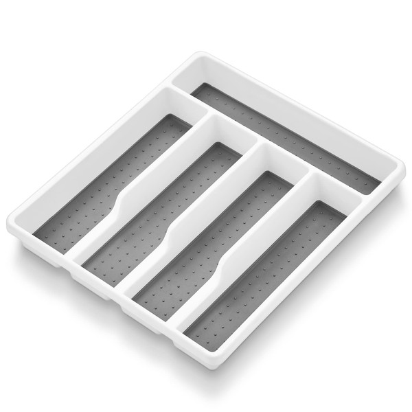 Onader Cutlery Tray for Drawers, Plastic Cutlery Tray with 5 Compartments, Drawer Insert, Utensil Compartment, Perfect for Kitchen Office, Soft Lining & Non-Slip Rubber Feet, White & Grey, 32.6 x 29