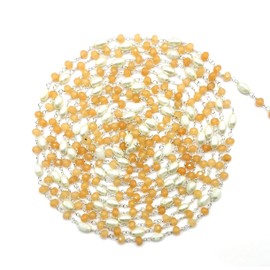 Sunstone Jade with Glass Pearl 36 Inch 92.5 Sterling Silver Plated 4 mm - 4 x 6 mm Rondelle Drum Faceted Smooth Beads Necklace Chains Bulk for DIY Necklace Bracelet Choker Jewellery Making 3 Feet