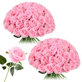Nubry 50pcs Artificial Silk Roses Bulk,Fake Roses Flower with Stems Realistic Flowers for Wedding Centerpiece Home Party Decor(Pink)