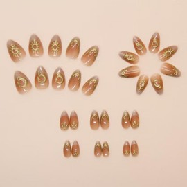 Star Moon Press on Nails 3D Gold Fake Nails Short Almond False Nails with Design French Tip Glue on Nails Glossy Artificial Acrylic Full Cover Ombre Stick on Nails for Women Manicure 24Pcs