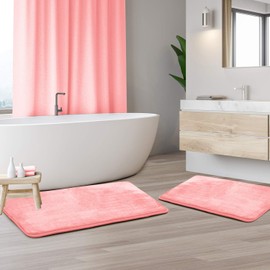 Clara Clark Bath Mat Set – Memory Foam Bath Mat - Soft Bathroom Rug - Non Slip and Super Absorbent - Fast Drying Machine Washable Bath Mat Set of 2 - Coral Pink - 20 x 32-17 x 24