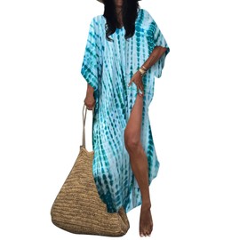 Bsubseach Women's Boho Beach Poncho Plus Size Kaftan Summer Dress Maxi Dress Loose Maxi Kimono Kaftan, Blue Green