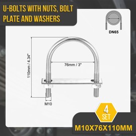 DTGN M10x76x110mm U Bolts Round Kit - 4Set - 304 Stainless Steel U-Bolt Kit with Nuts, Washers, Frame Plate - Good for DN65 Pipe, Trailer, Automotive, Leaf Spring Fastener