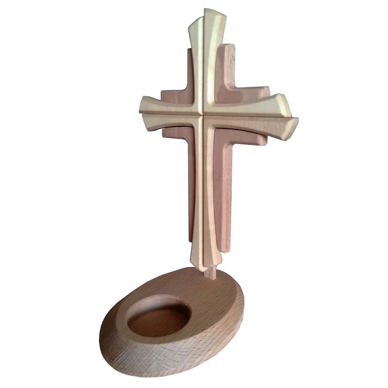 Tea Light Holder with Cross Beechwood in Modern Style