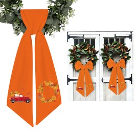 2PCS Fall Wreath Sash for Front Door - Autumn Wreath Satin Sash Embroidery Monogram Pumpkin Maple Leaf Harvest Decorative Door Hanger Garland Yard for Thanksgiving,DIY Sash Decor(55 x 5 inches)