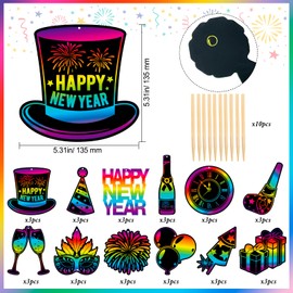 HOWAF 36pcs Happy New Year Scratch Art for Kids, New Years Eve Party Scratch Paper Fireworks Rainbow Scratch Paper, New Year Cards Gifts for New Year Party Accessories, New Years Eve Decorations 2025