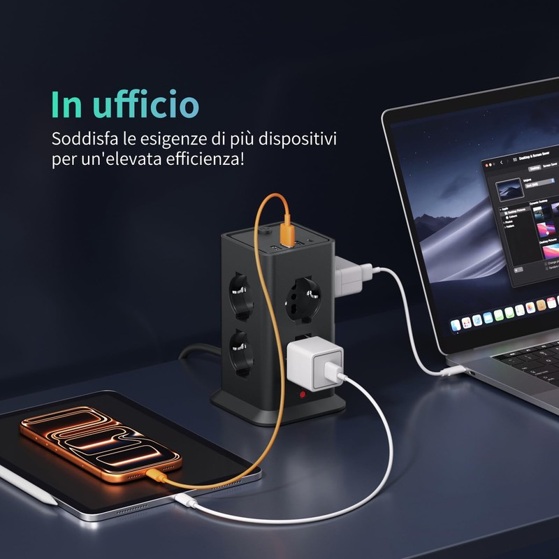 2 M Ciabatta Elettrica Multipresa con 8 Prese Universali ITA