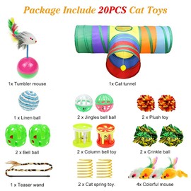 20 PCS Cat Toys Kitten Toys Set, Interactive Pet Toys Assortments 3 Ways Tunnel Catnip Toy Kitten Feather Wand Cats Teaser Toy Springs Mice Variety of Balls and Bells for Indoor & Outdoor Playing