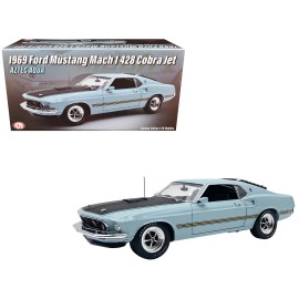 DCD 1969 Ford Mustang Mach 1 428 Cobra Jet Aztec Aqua Blue Black Hood Limited Edition 400 Worldwide 1/18 Diecast Metal PC