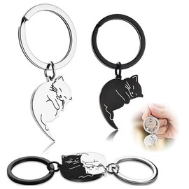 Key Ring, 1 Pair Key Ring, Couples Keyring, Stainless Steel, Puzzle Cat Key Ring, Keychain Friendship Gifts for Men and Women