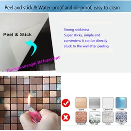 YMMXGE 10-Sheet Peel and Stick Metal Backsplash Tile Stick on Kitchen 3D Wall Decor Aluminum Mosaic Tiles for Bathroom, 12"x12"x0.15" (10, Green Printed + Copper Mixed)